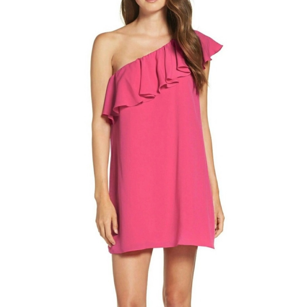 French Connection pink, one shoulder ruffle dress, like new, size L